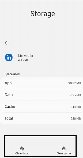 Clear your LinkedIn app cache and data through settings on Android to fix LinkedIn comments not showing, posting, loading or 'Couldn't load comments' error