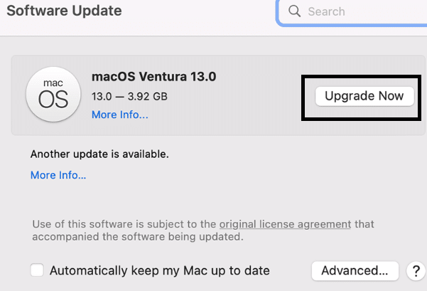 Update the OS  to fix Mac Ethernet connection not working, showing, or no internet