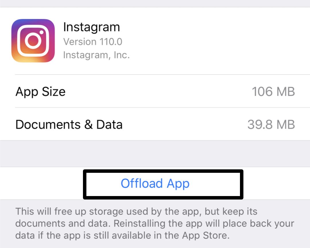 Offload or clear app data and cache on iOS to fix Instagram 'No internet connection' or 'An unknown network error has occurred'