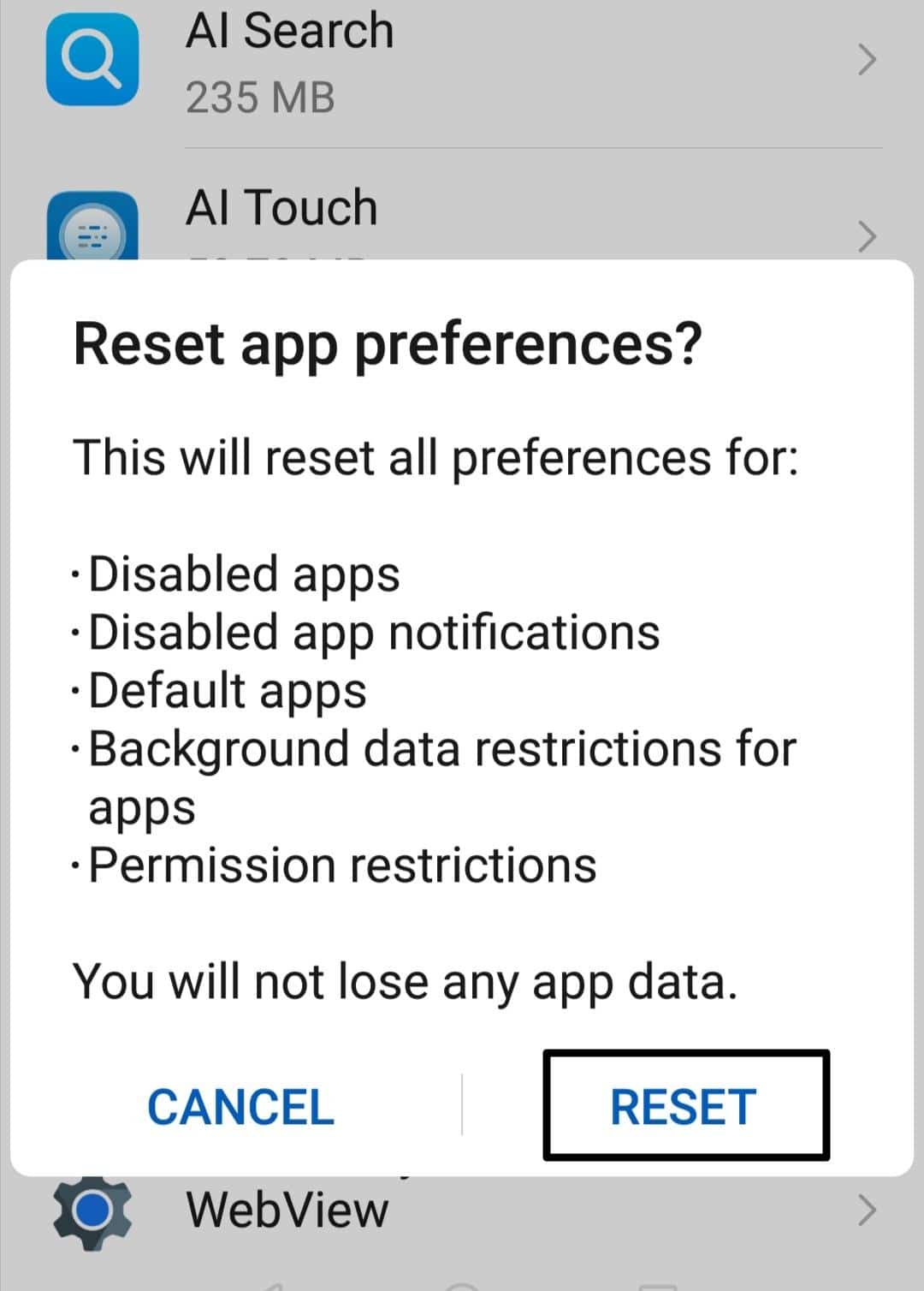 Reset app preferences on Android to fix Instagram 'No internet connection' or 'An unknown network error has occurred'