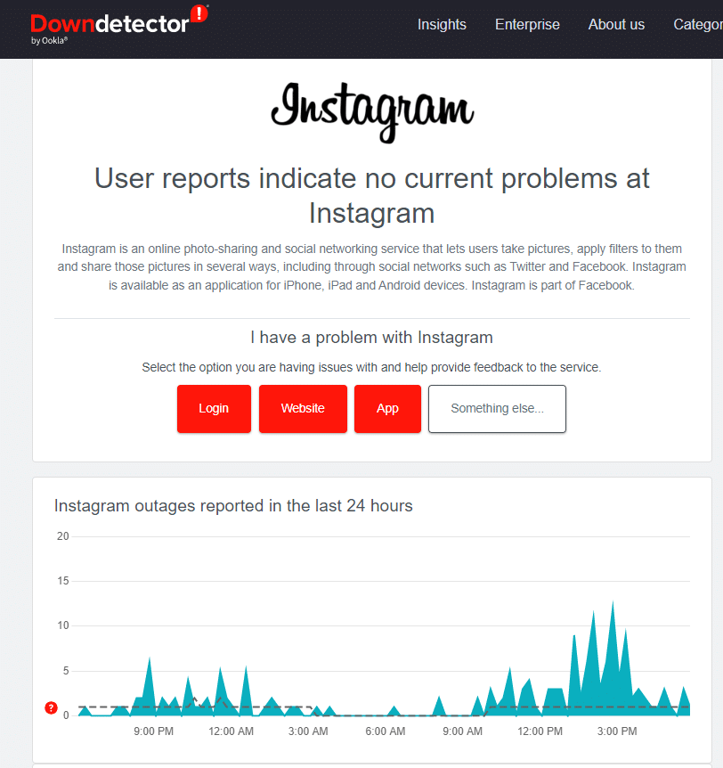 Check the instagram server status on Downdetector to fix Instagram 'No internet connection' or 'An unknown network error has occurred'
