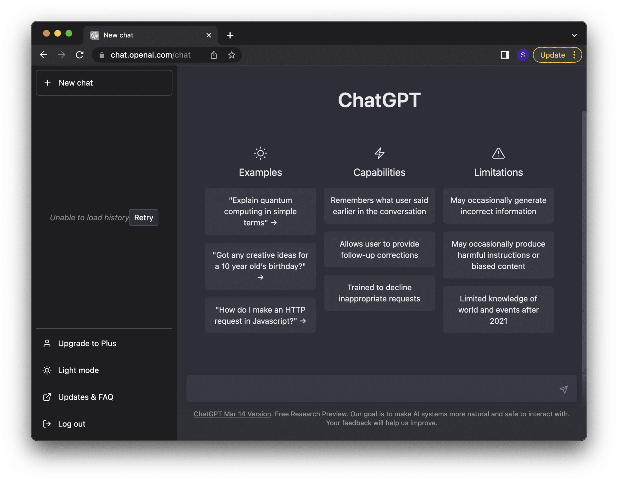 ChatGPT "Unable to load history" error