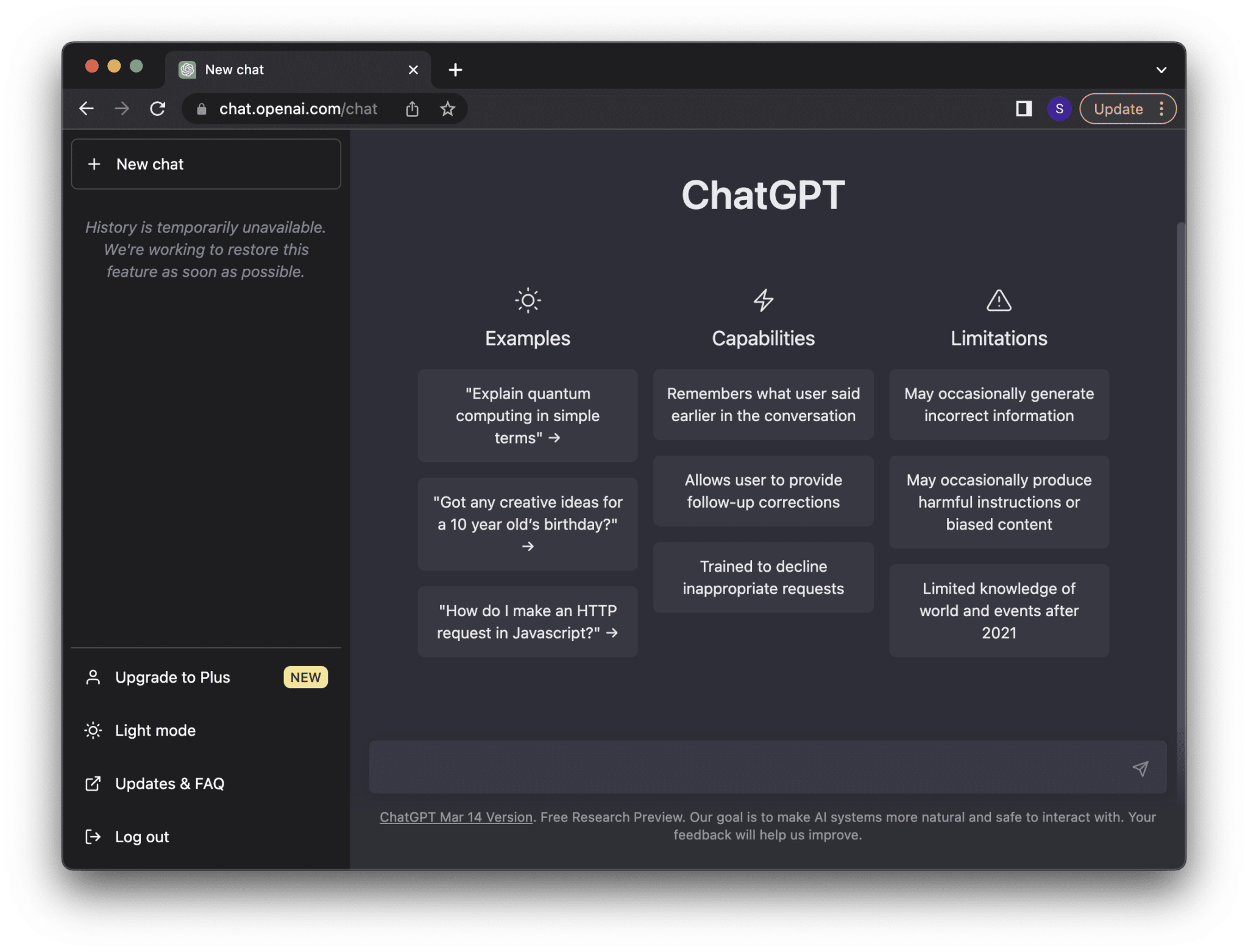 ChatGPT "History is temporarily unavailable" error