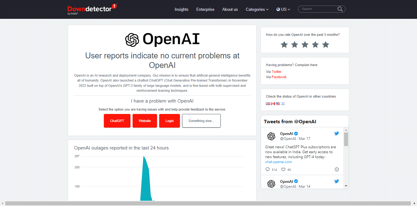 Using Downdetector to check the ChatGPT server status to fix the ChatGPT "Too many requests in 1 hour. Try again later." error