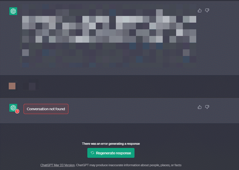 ChatGPT "Conversation Not Found" or "There was an error generating a response" error