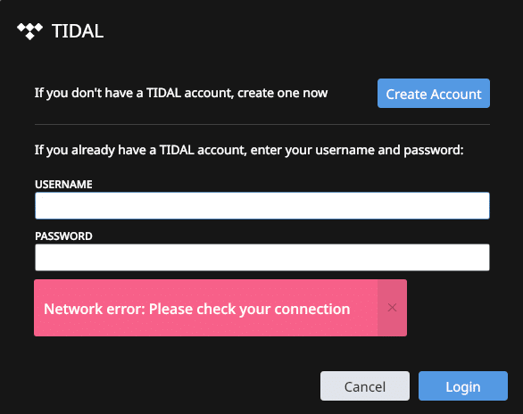 “Network error” on the TIDAL login form