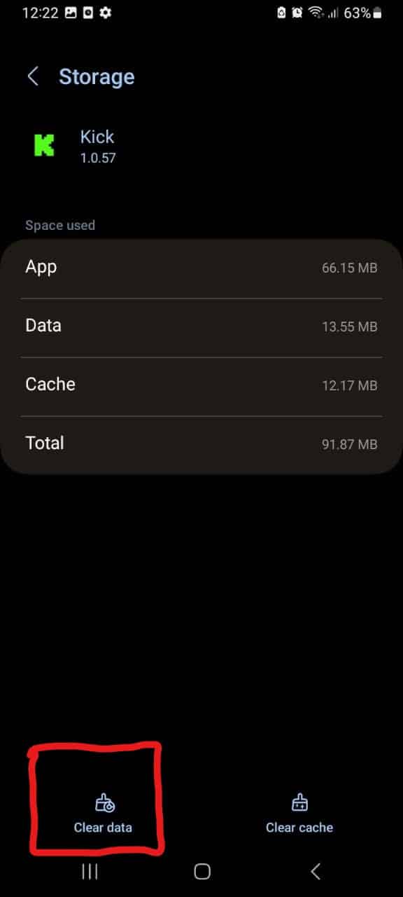 Clear the Kick app cache and data to fix Kick mobile streaming app not working, playing or loading on Android