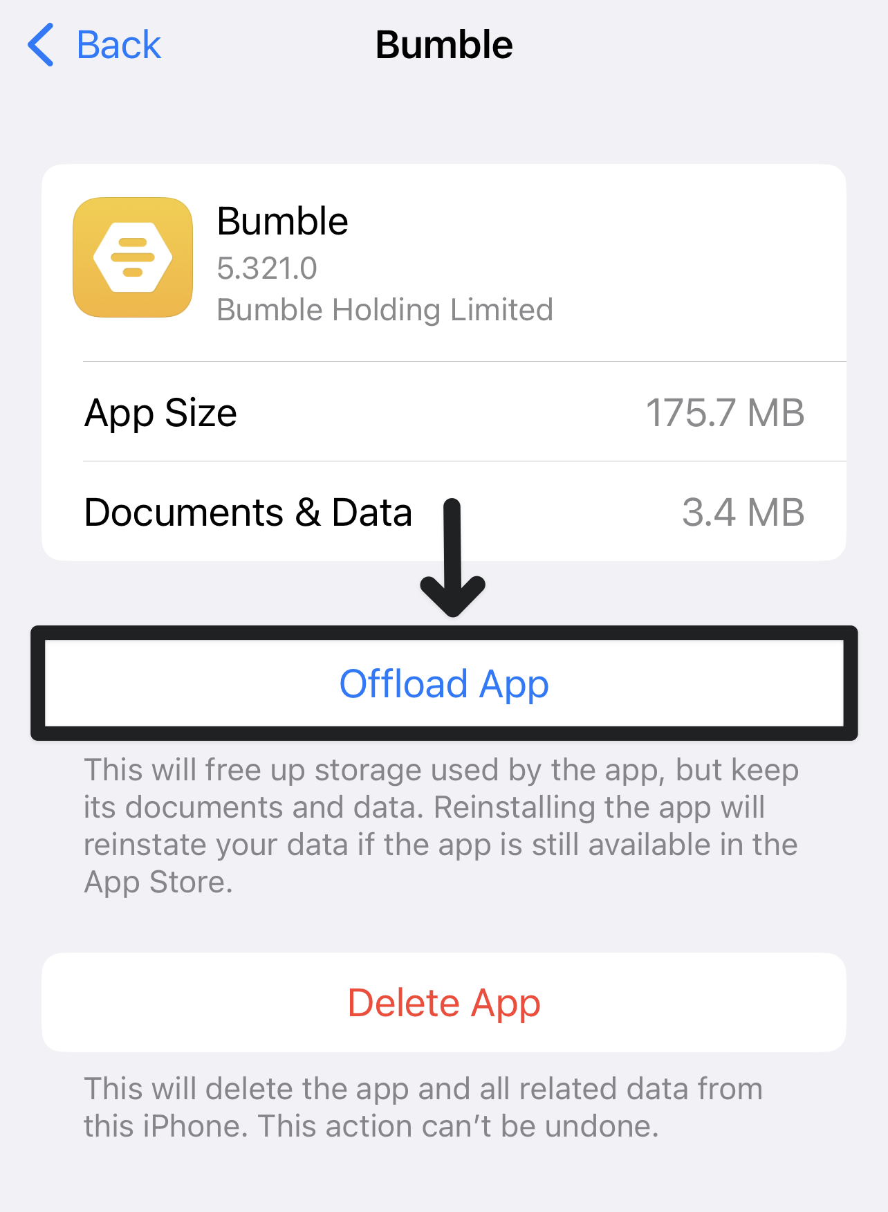 Clear Bumble app cache on iPhone or iOS device through settings to fix Bumble matches or likes not showing or loading