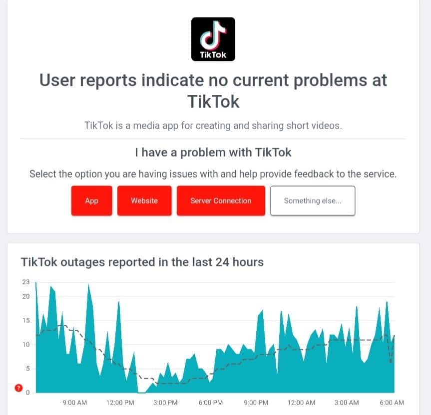 Check the TikTok servers at Downdetector to fix TikTok ‘No internet connection’, ‘No network connection’ or network error