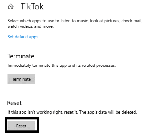 Reset the TikTok app on Windows to Fix TikTok no internet connection or network error