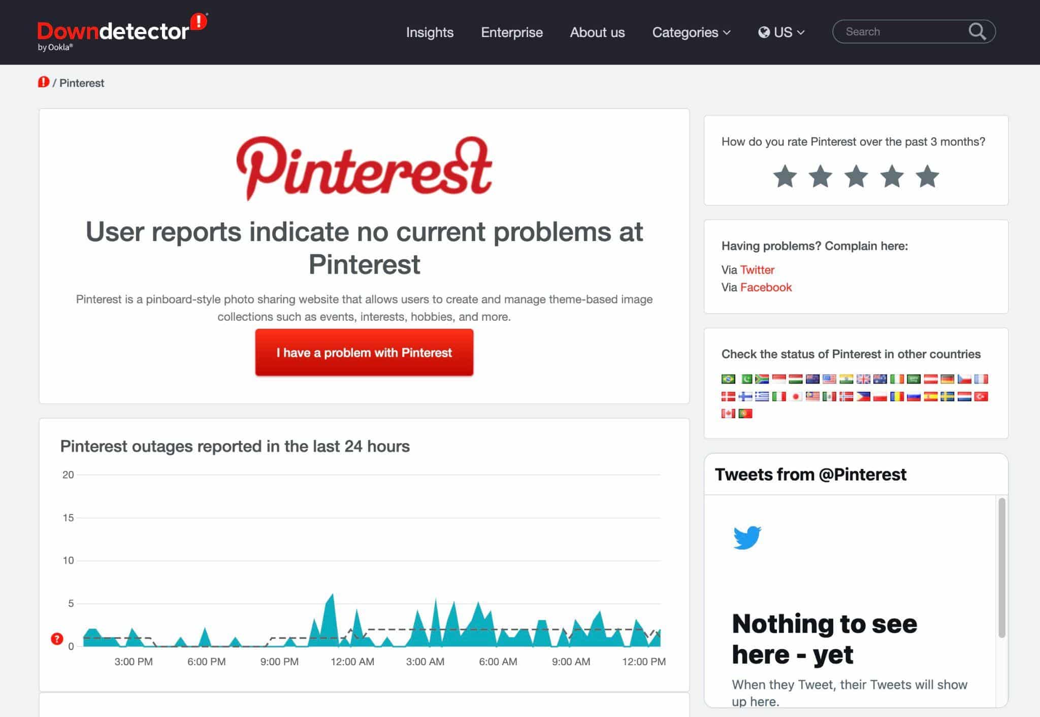 check the Pinterest server status at Downdetector to fix Pinterest images, pictures not loading, showing or working
