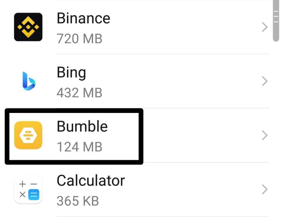 Clear Bumble app cache on Android through system storage settings to fix Bumble matches or likes not showing or loading