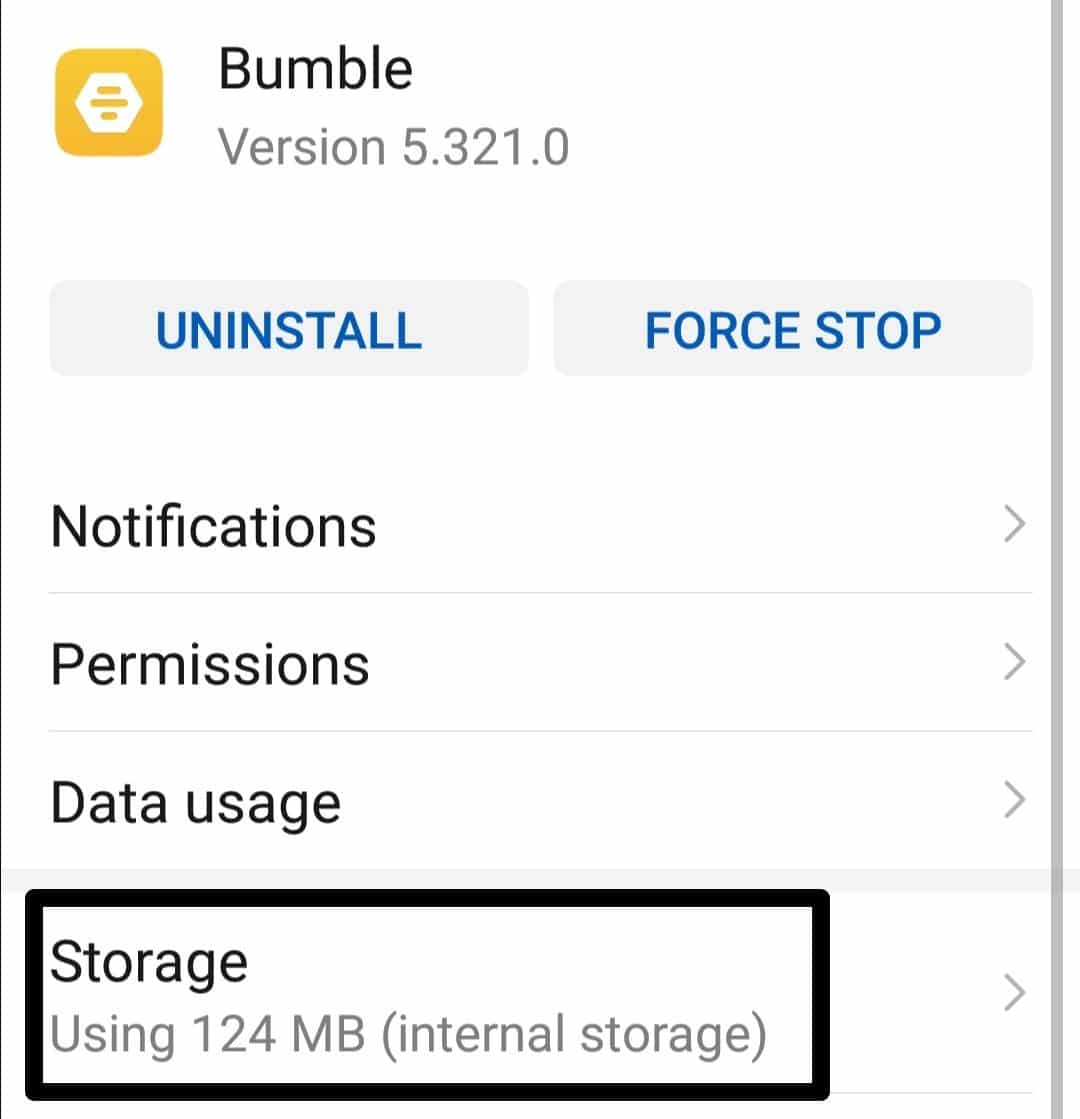Clear Bumble app cache on Android through system storage settings to fix Bumble matches or likes not showing or loading
