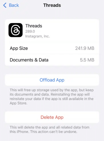 Offload Threads app or clear the Threads app cache and data on iOS through settings to fix Instagram Threads not uploading, posting, creating new threads or 'your thread/post failed to upload' error