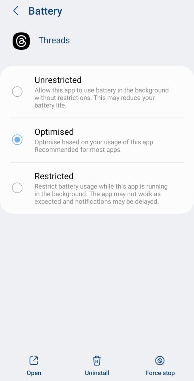 Disable Battery Optimization on Android to fix Instagram Threads app issues, problems, or not working on iPhone or Android