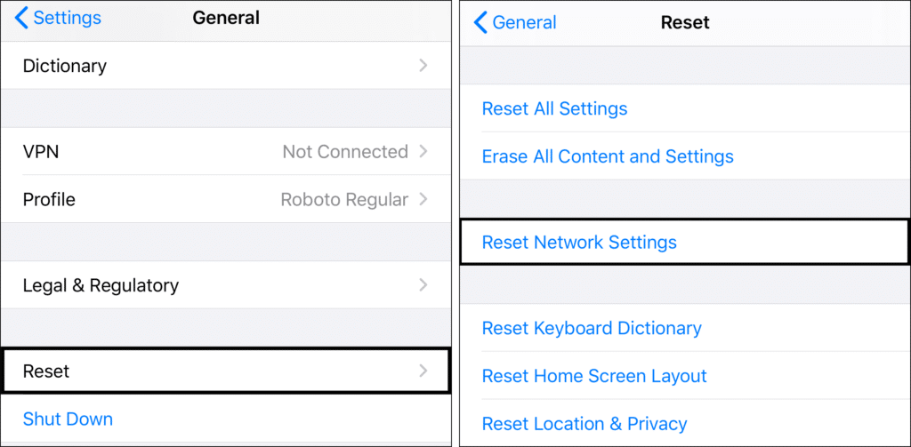 reset network settings on iOS to fix the Instagram Threads 'Sorry, something went wrong. Try Again.' error