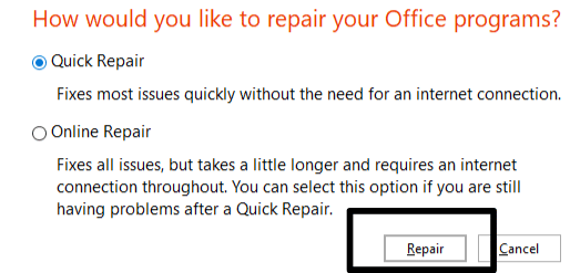 Run the Office repair tool to fix Microsoft Outlook 'Something went wrong' error