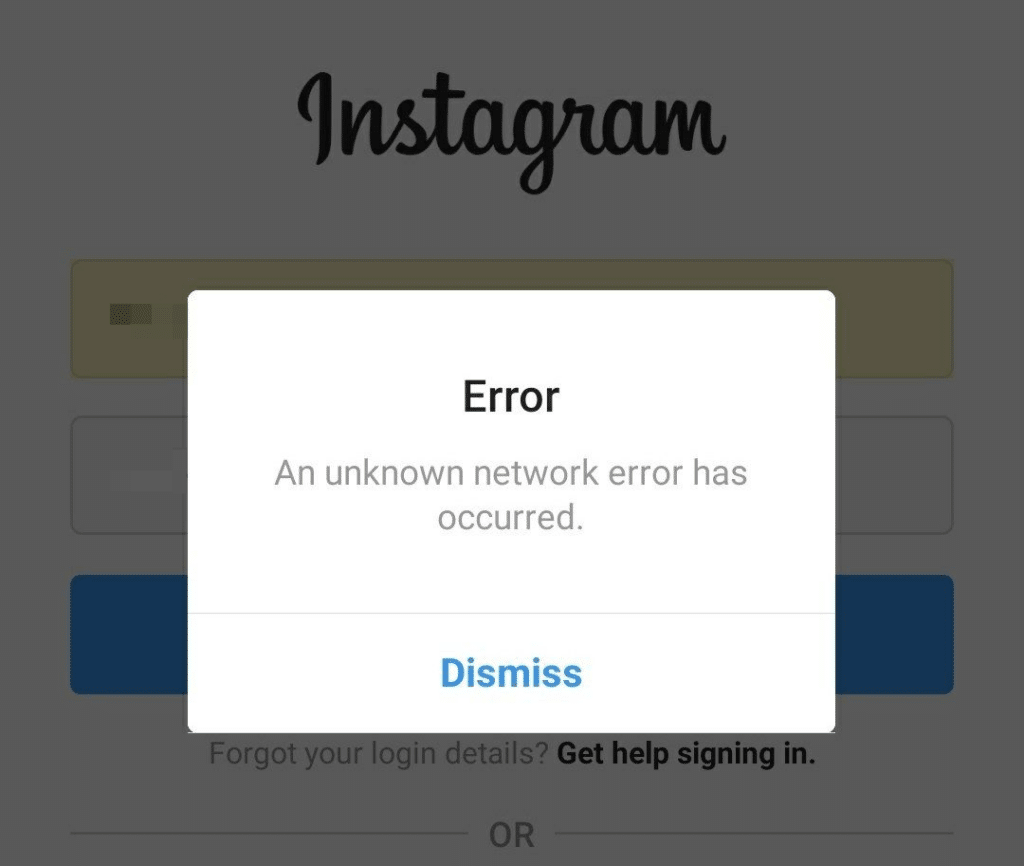 Instagram 'An unknown network error has occurred' error at login or sign-in page