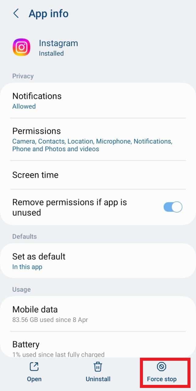 force stopping and restarting Instagram Threads app on Android through system settings to fix can't share or repost Instagram Threads