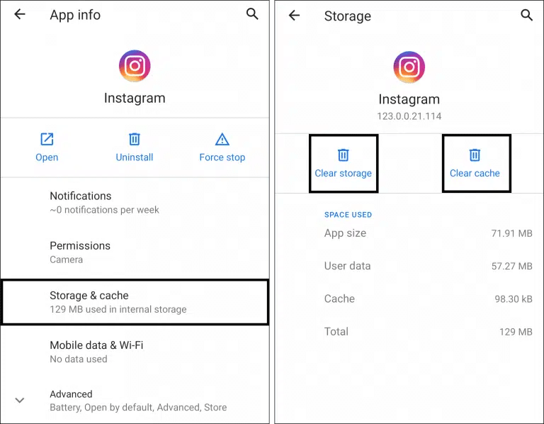 clear Instagram app cache and data through system settings on Android to fix Instagram Stories keep repeating or not going away after viewing