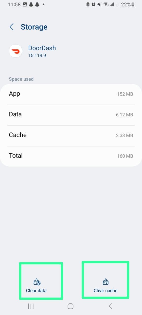 clear the DoorDash app cache and data on Android through system settings to fix DoorDash 'Error validating basket'