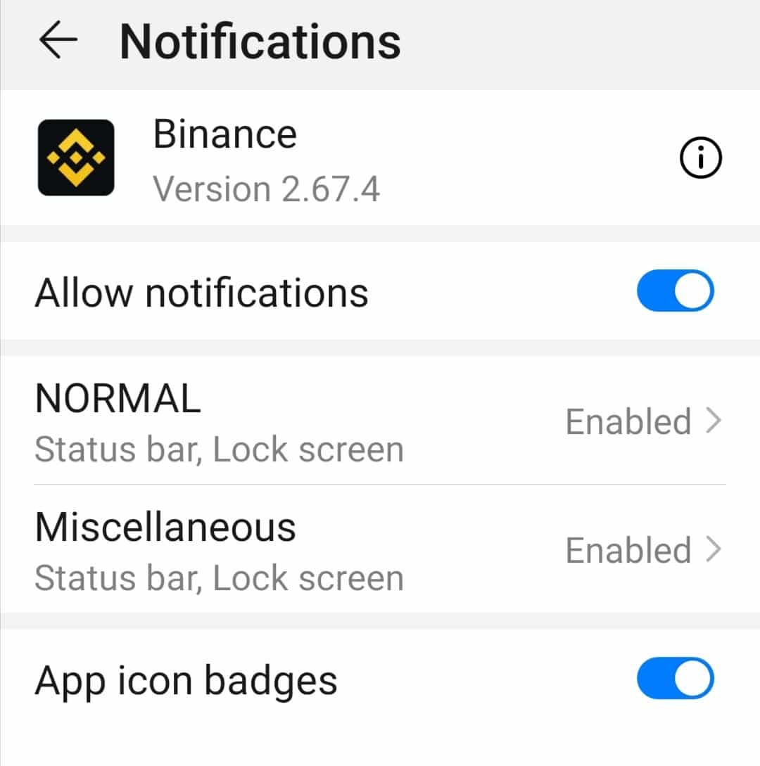 check and enable the Binance notification settings through the system settings on Android to fix Binance notifications or price alerts not working or showing